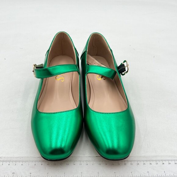 FYS Green Square Toe Low Heel Mary Jane Pumps Flats Ballets Buckled Dress Shoes - Picture 3 of 8